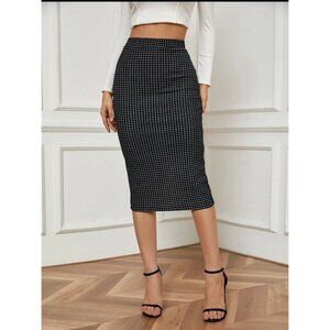 high waisted midi skirt pencil grid plaid print black